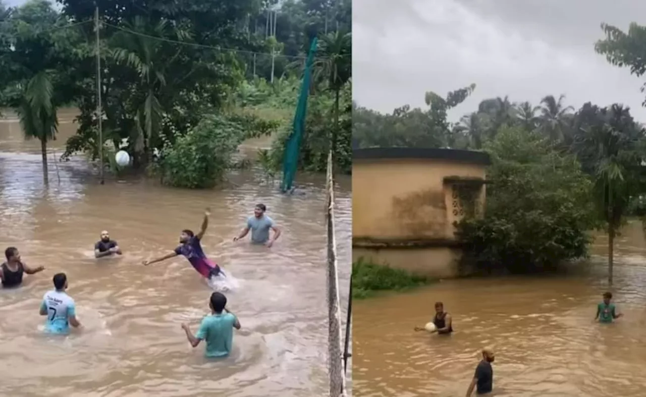 कमर तक भरे पानी में वॉलीबॉल का मजा लेते दिखे लड़के, वीडियो देख बचपन की यादों में डूबे लोग