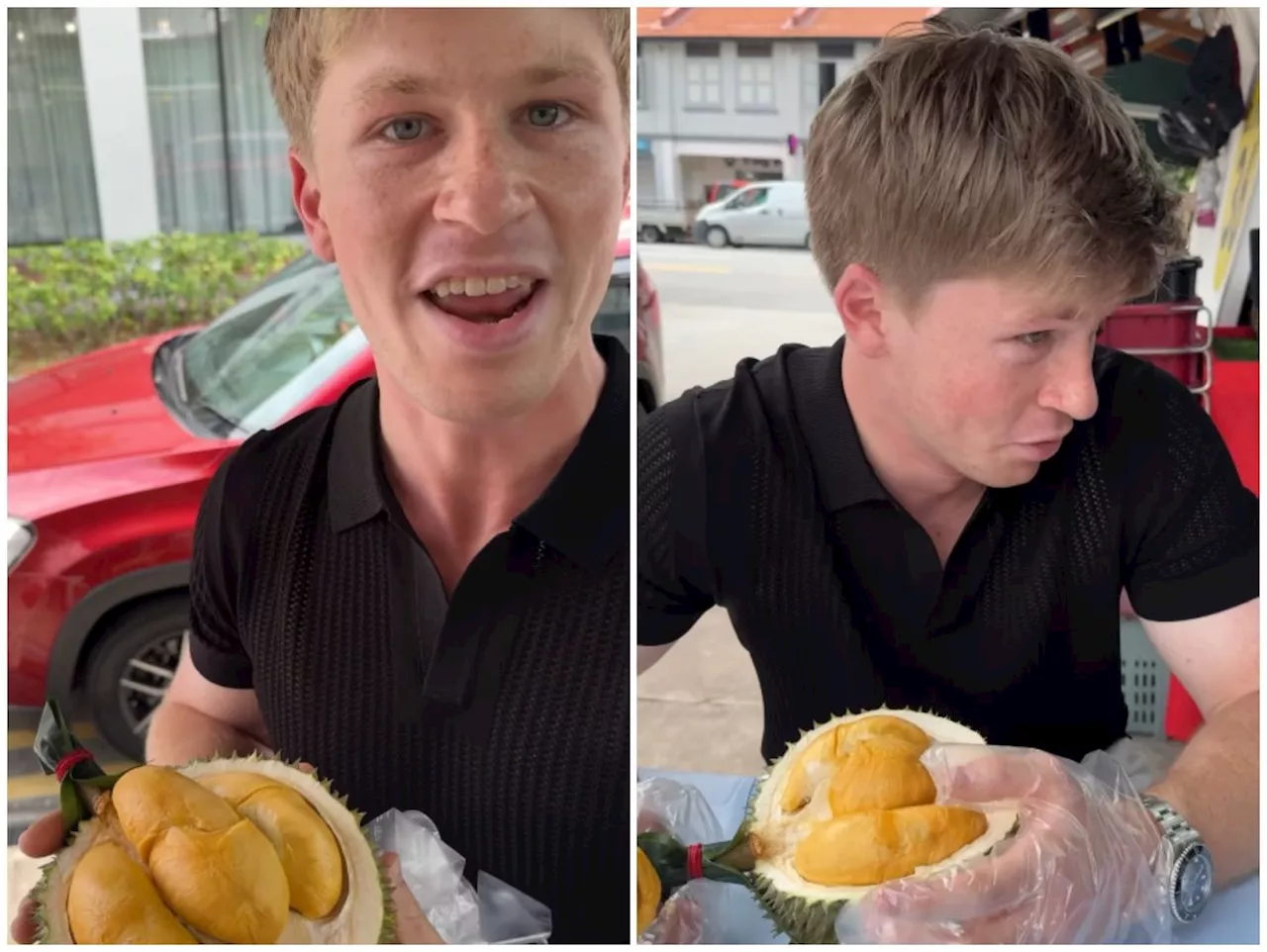 The late Steve Irwin's son, wildlife conservationist Robert Irwin, tries durian in Singapore