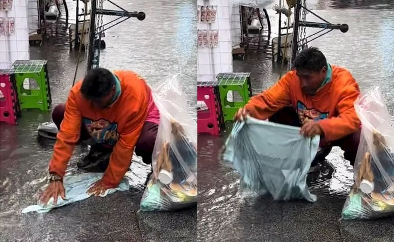 VIDEO: Captan a hombre lavando su ropa con agua de lluvia en CDMX y se vuelve viral en redes