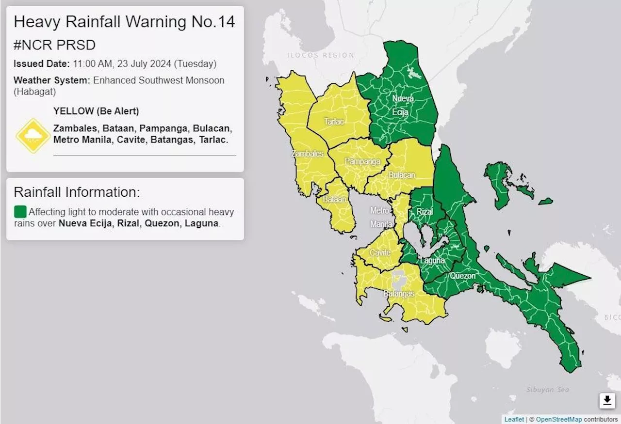 Yellow rainfall warning up over Metro Manila, 7 other areas