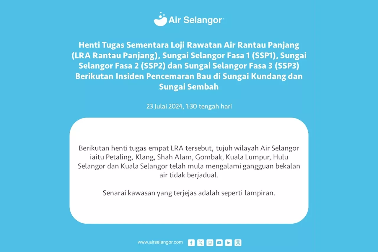 Air Selangor: Seven Regions Hit With Unscheduled Water Supply Disruption