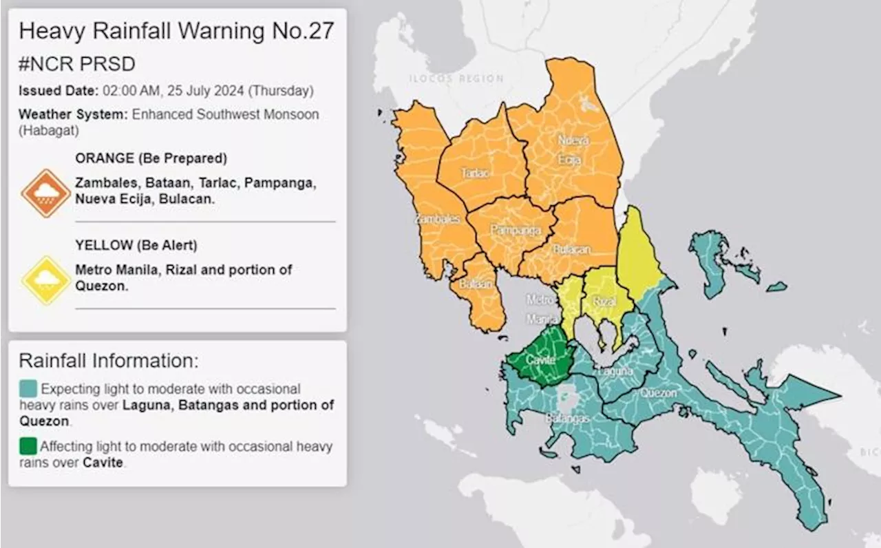 Orange rainfall warning raised over Zambales, Bataan, Tarlac, Pampanga, Nueva Ecija, Bulacan