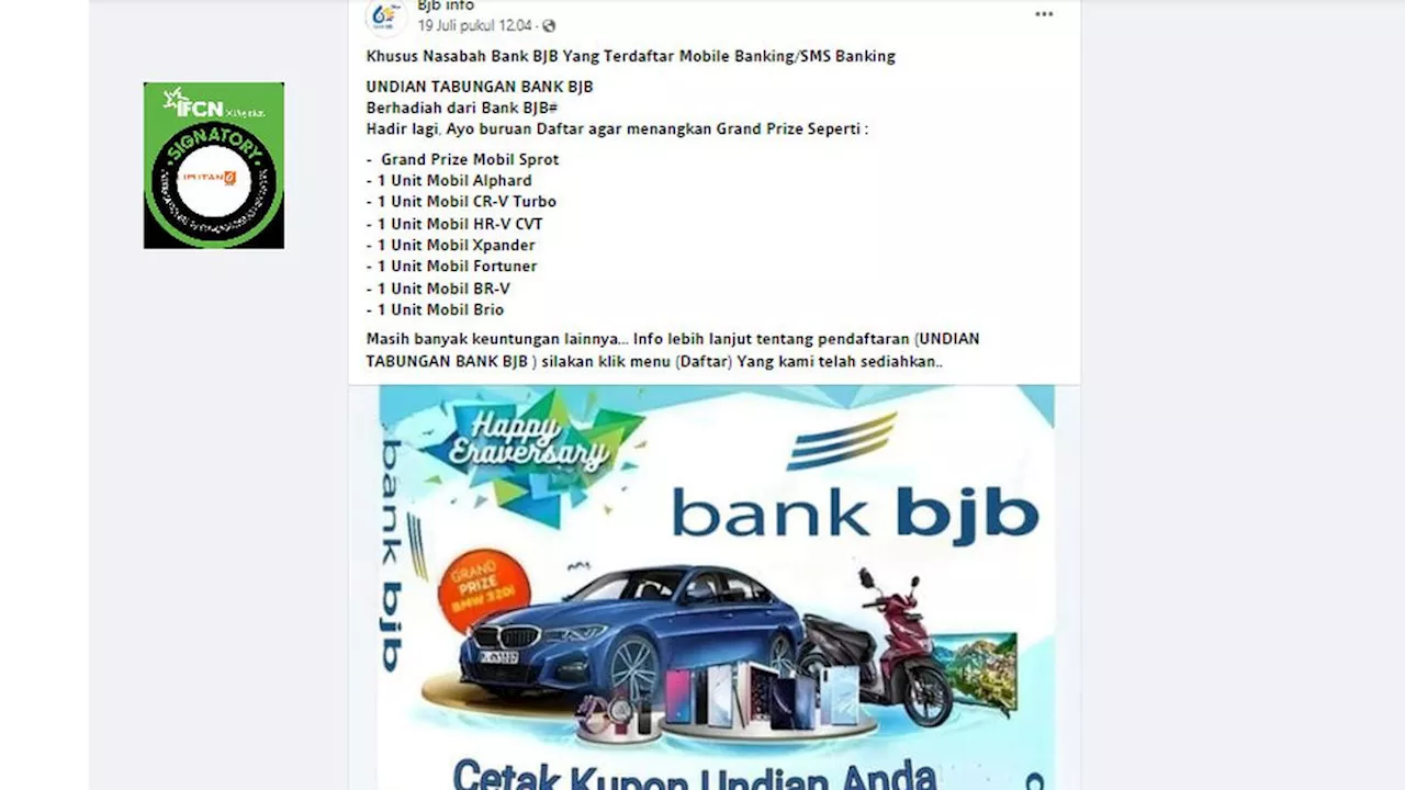 Cek Fakta: Tidak Benar Undian Berhadiah Tabungan Bank BJB