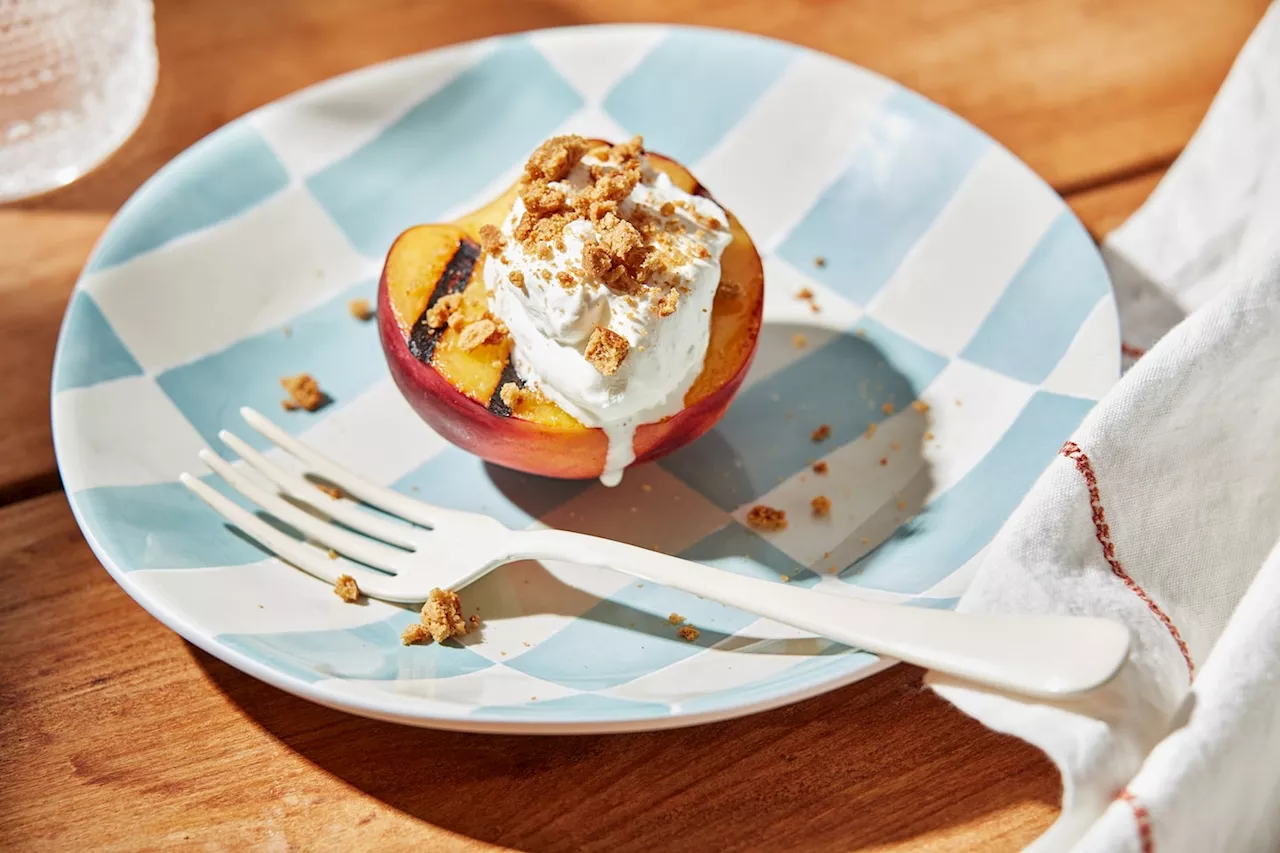 Top grilled peaches with mascarpone for a low-effort summer dessert