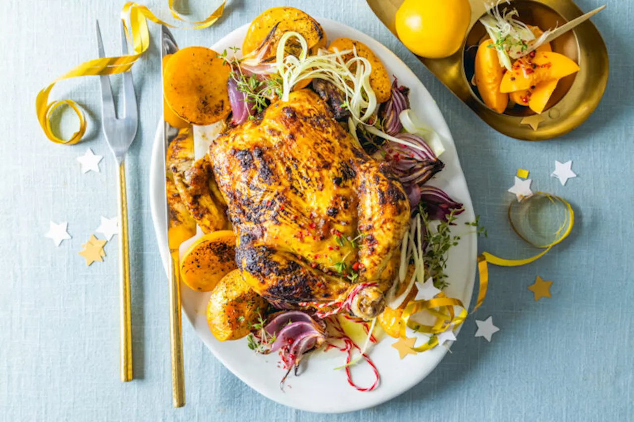 Spiced chicken with roasted peaches and creamy yoghurt dressing