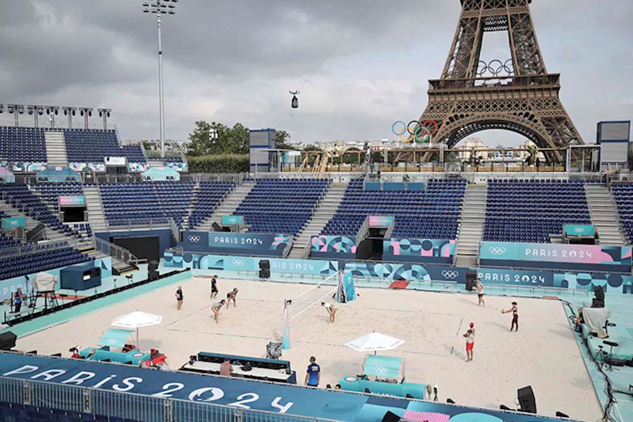 A landmark event: All set for Olympic beach volley with Eiffel Tower in background