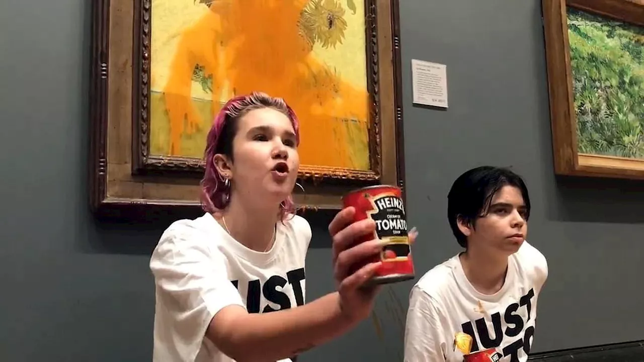 Just Stop Oil activists who threw tomato soup over priceless Van Gogh Sunflowers painting are found...