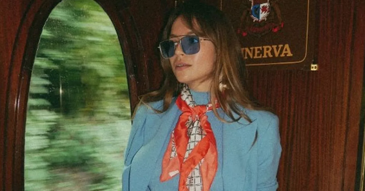 Emma Louise Connolly's powder blue M&S suit is the perfect wedding guest outfit