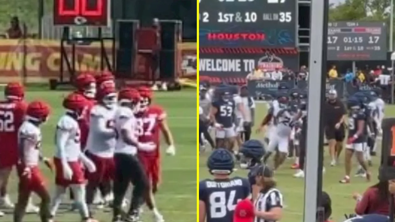 Fights break out across NFL training camps and Travis Kelce gets in tense shoving match while sticking up...