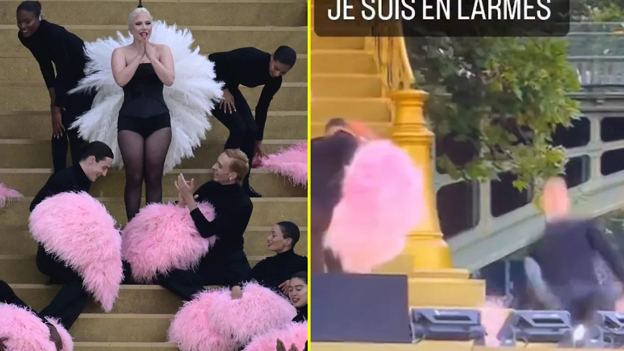 Fans notice Lady Gaga’s back-up dancer fell victim to wet weather at Paris Olympics opening ceremony...