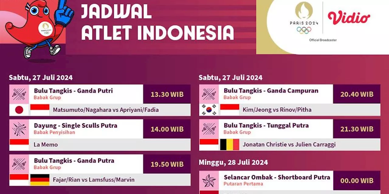 Jadwal Live Streaming Atlet Indonesia Olimpiade Paris 2024 di Vidio, 27 Juli 2024