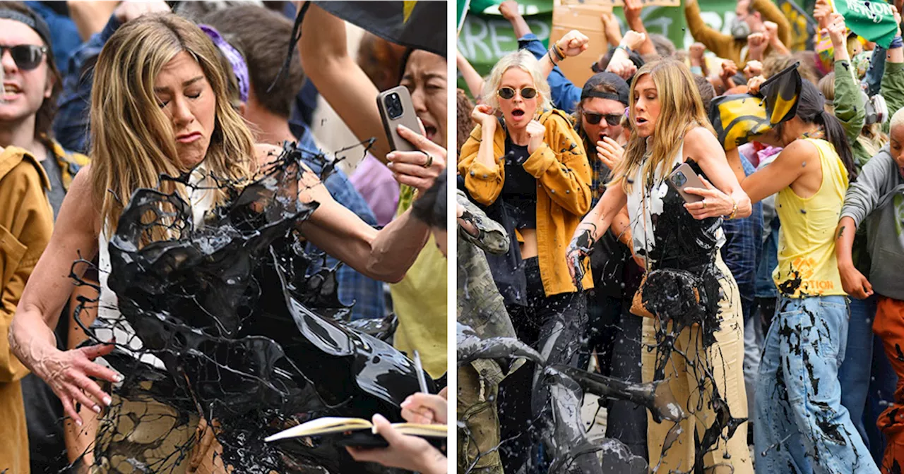 Jennifer Aniston Gets Drenched In Black Oil While Filming 'The Morning Show'