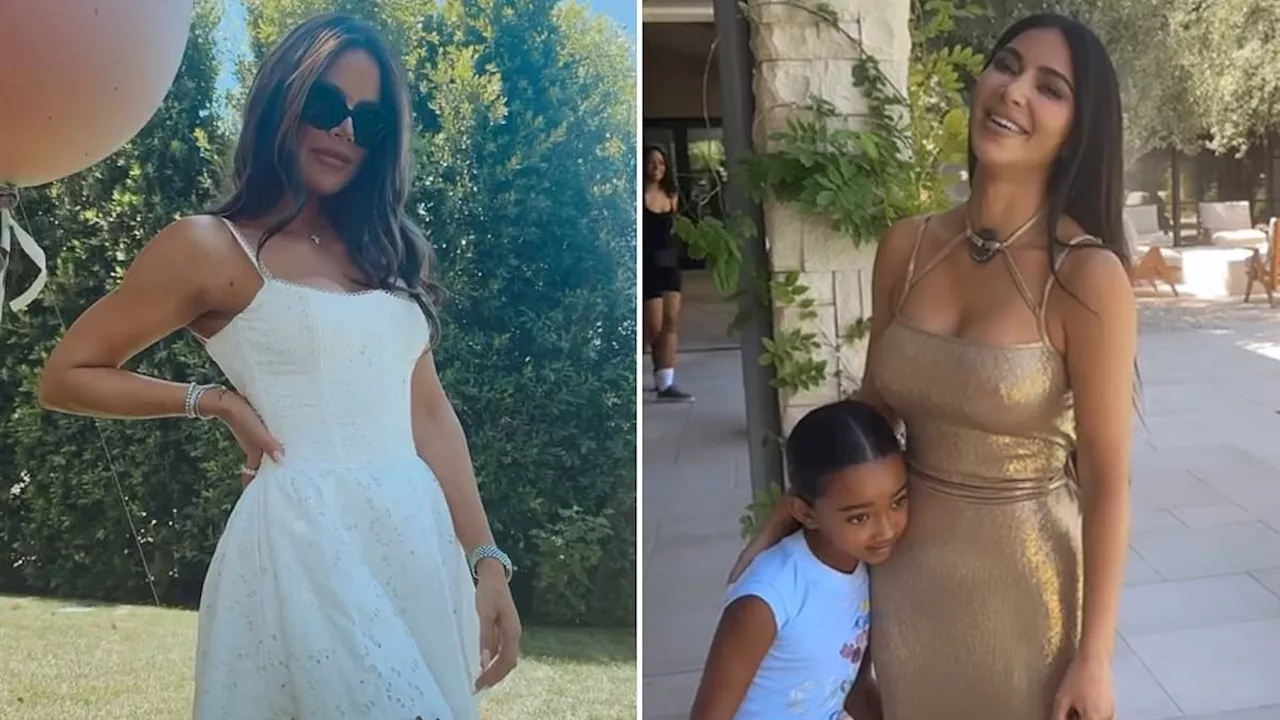 Kim Kardashian gets roasted by Khloe for wearing red carpet gown to toddler Tatum's dinosaur...