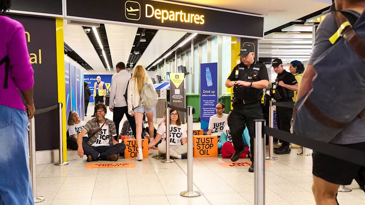 Moment passengers awkwardly step over Just Stop Oil eco nuisances blocking Gatwick Airport...