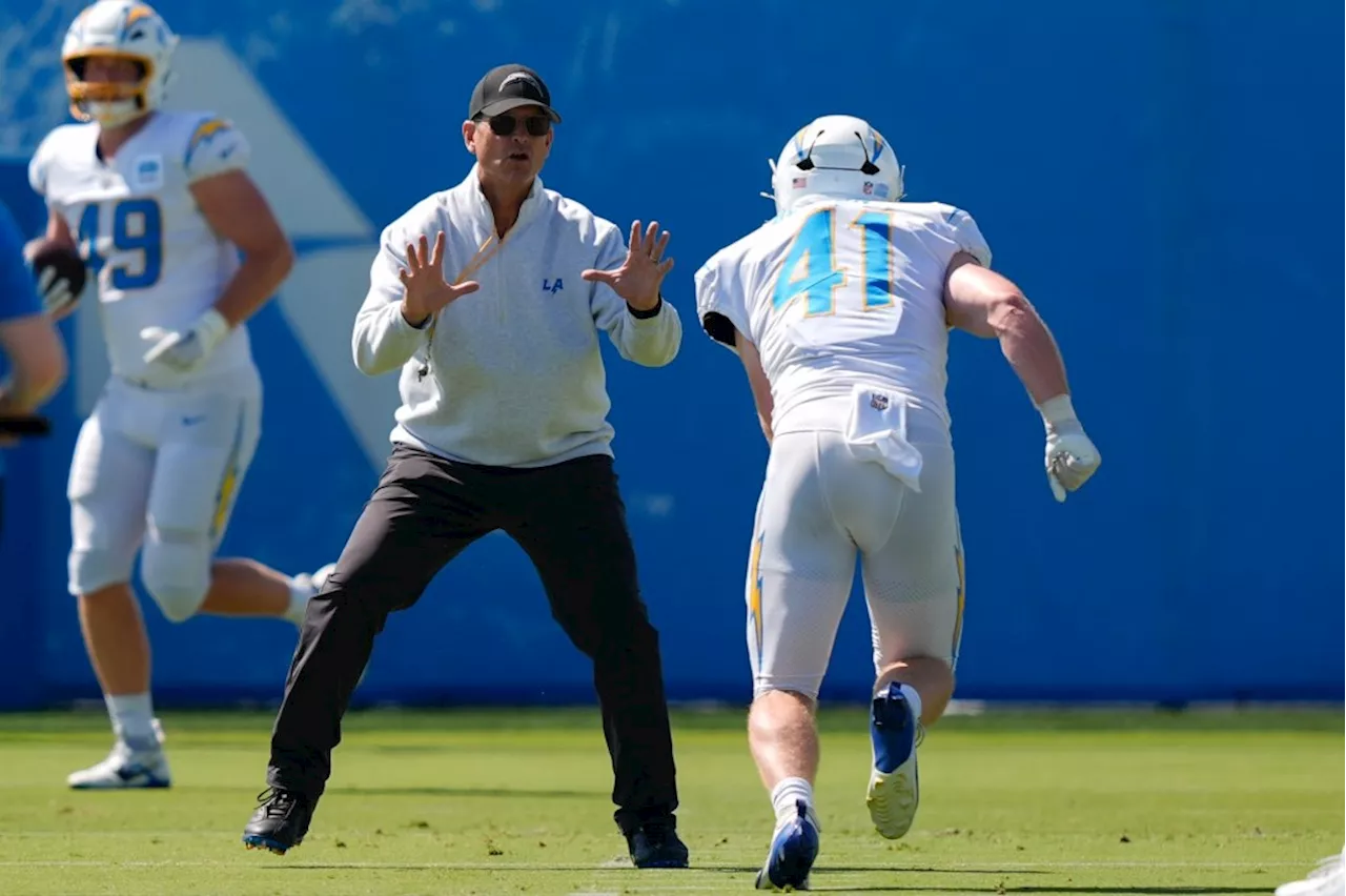 Jim Harbaugh gets up-close look at Chargers’ O-line vs. D-line battles