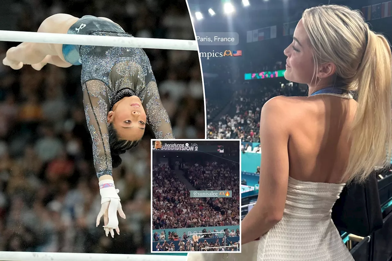 Livvy Dunne cheers on Suni Lee while taking in gymnastics at Paris Olympics