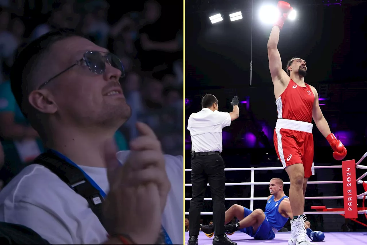 Oleksandr Usyk watches on as a Ukrainian Olympic boxer gets KO’d in first round by crushing right-hand...