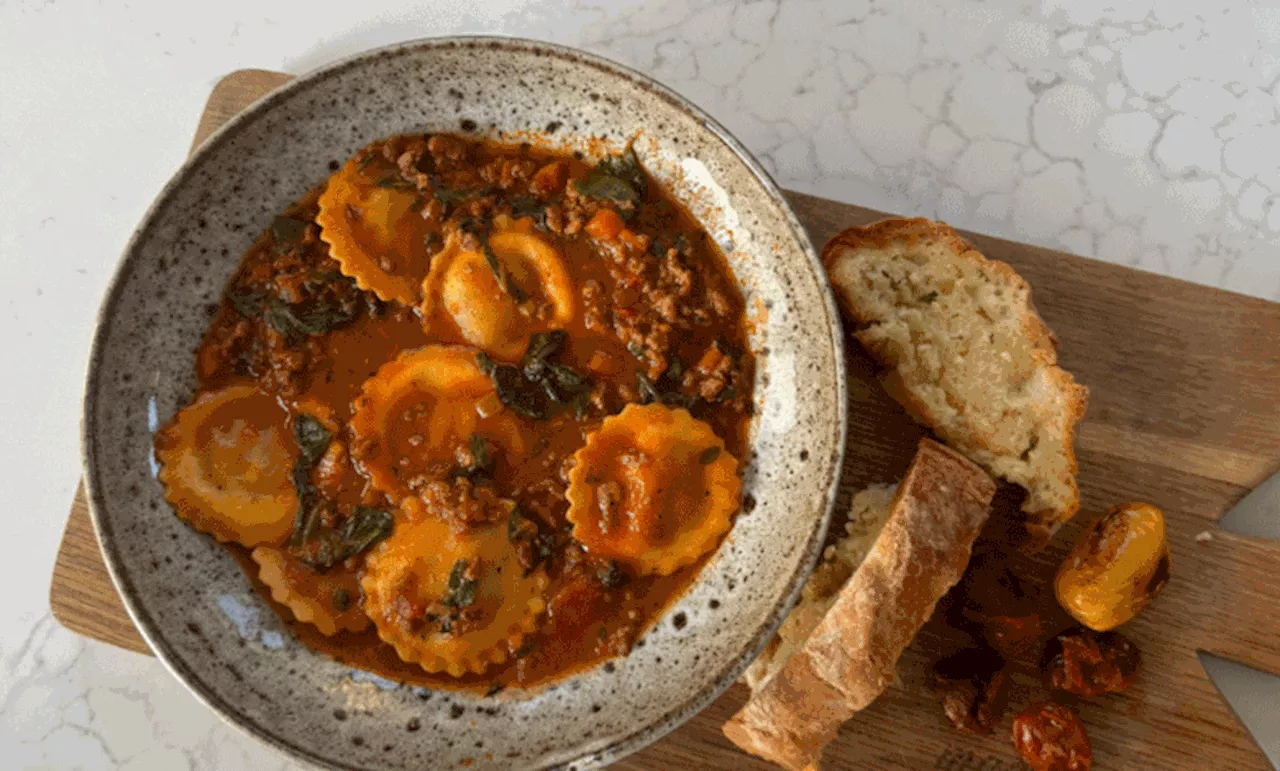 Hearty Beef and Girasoli soup with toasted garlic ciabatta