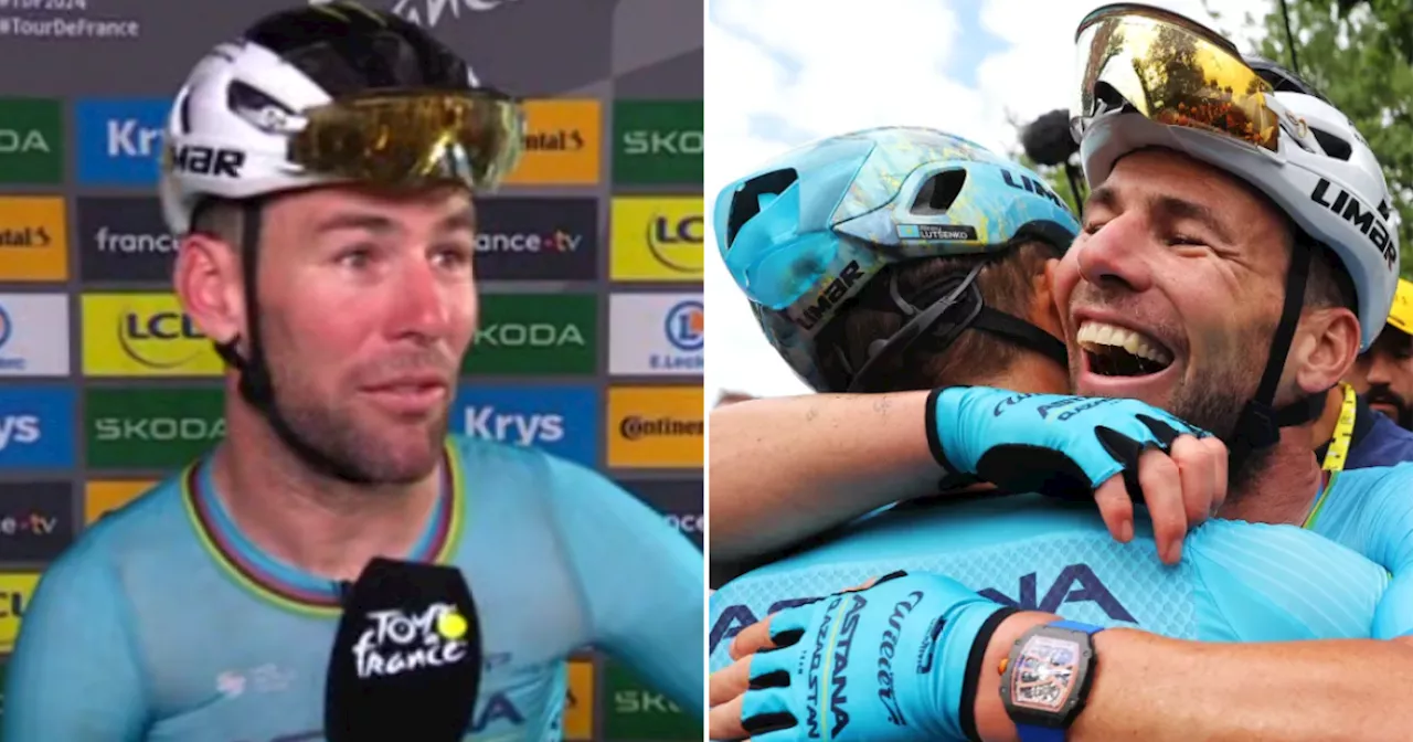 Mark Cavendish reacts after breaking Tour de France record for stage wins