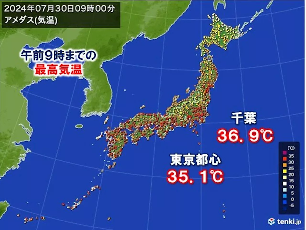 午前9時までに猛暑日が6地点 九州から関東は危険な暑さ 熱中症に厳重な警戒を(気象予報士 青山 亜紀子 2024年07月30日)