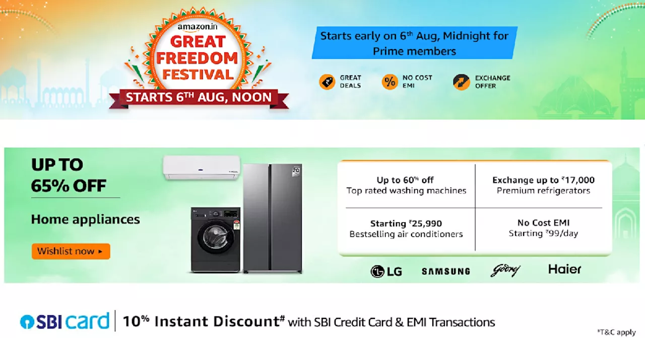 Amazon Great Freedom Festival Sale 2024: एयर कंडिशनर, वॉशिंग मशीन और फ्रिज जैसे होम अप्लायंसेज पर 65% तक छूट