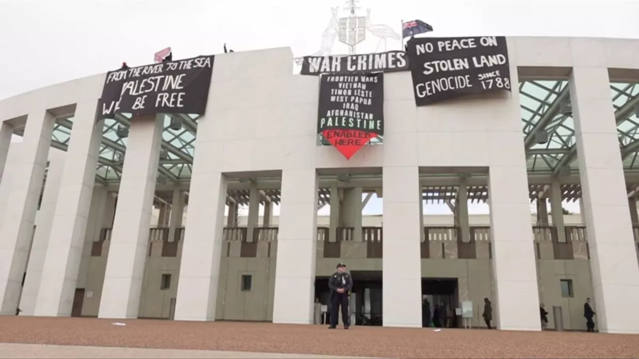 Pro-Palestine protesters scale Parliament House as climate activists occupy foyer