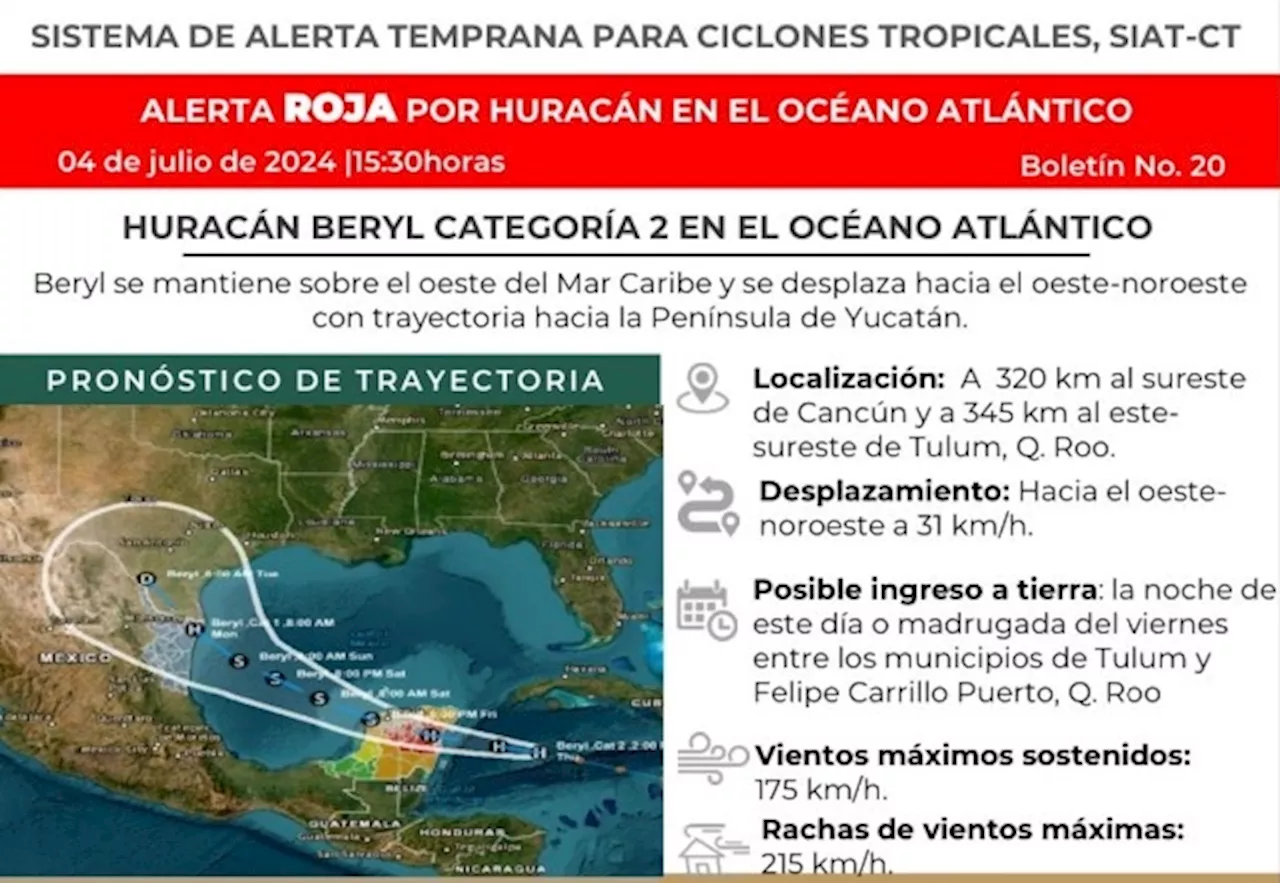 Decretan ‘Alerta Roja’ ante inminente impacto de ‘Beryl’ en Quintana Roo