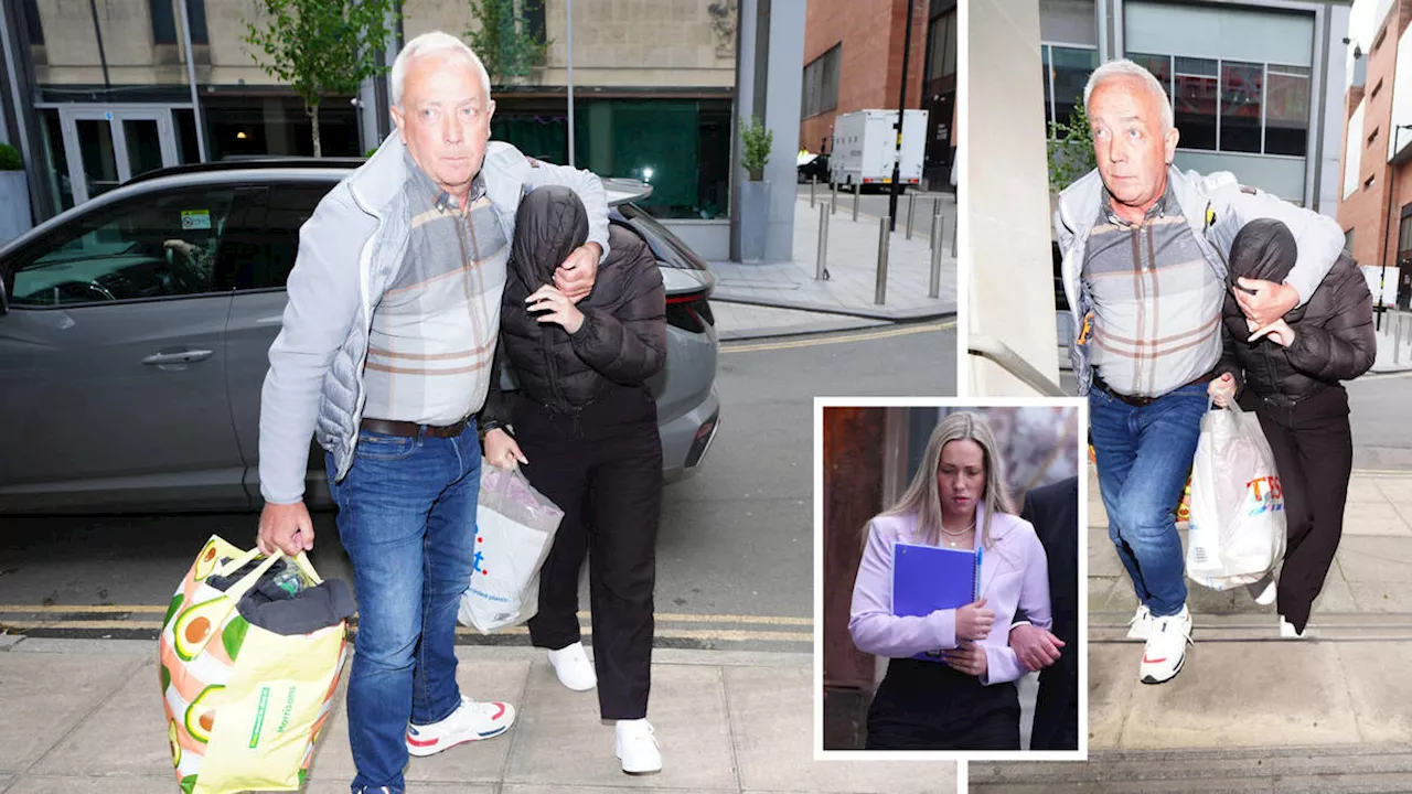 Paedo teacher Rebecca Joynes shielded by father as she arrives at Manchester court ahead of sentencing