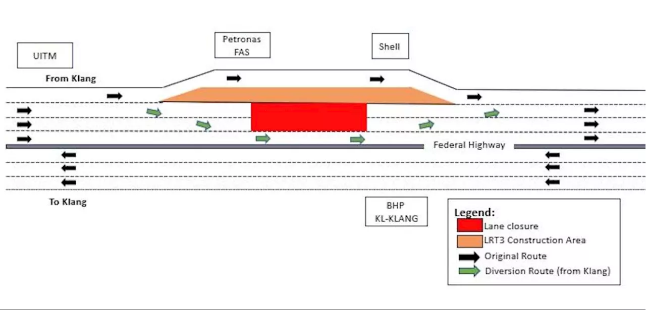 Federal Highway lane closures, traffic diversions in Shah Alam for LRT3 construction