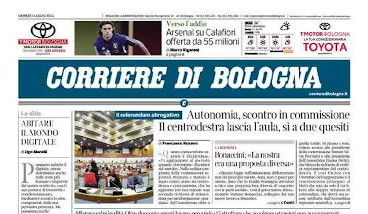 Il Corriere di Bologna in prima pagina: 'Arsenal su Calafiori, offerta da 55 milioni'