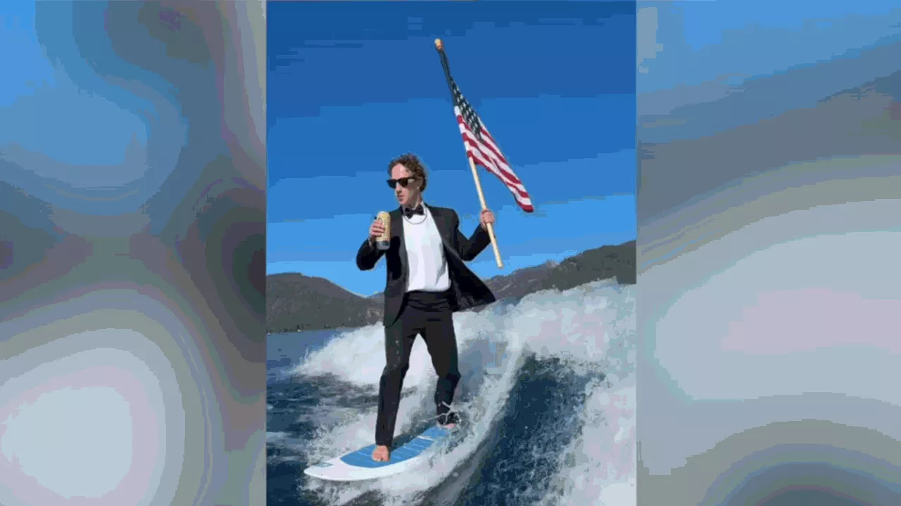 Mark Zuckerberg sips beer, flies American flag while surfing in tuxedo on Independence Day