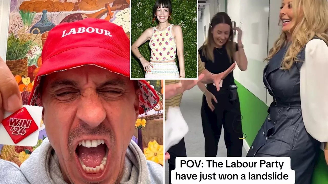 Gloating celebrity Labour supporters Lily Allen, Gary Neville and Carol Vorderman celebrate landslide...