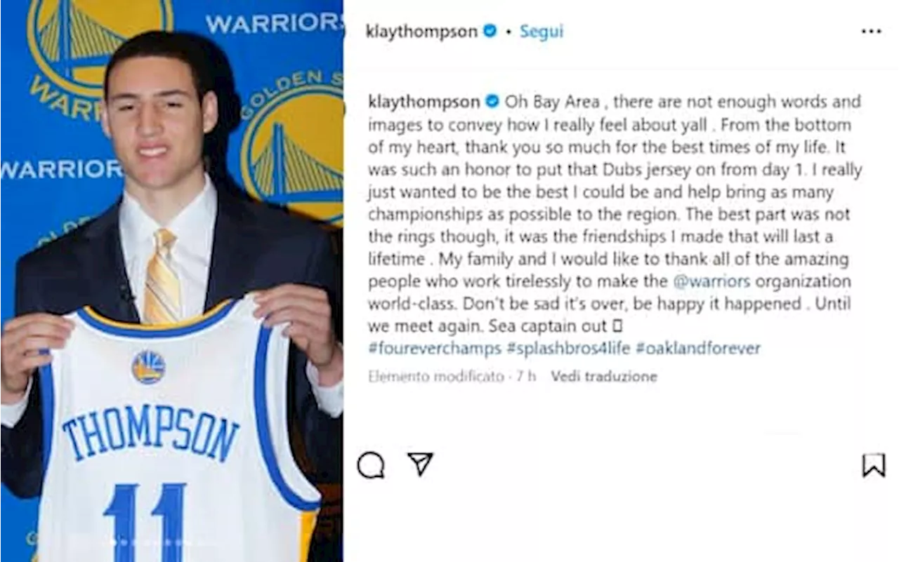 NBA, Klay Thompson: 'Non siate tristi perché è finita; siate felici che sia successo'