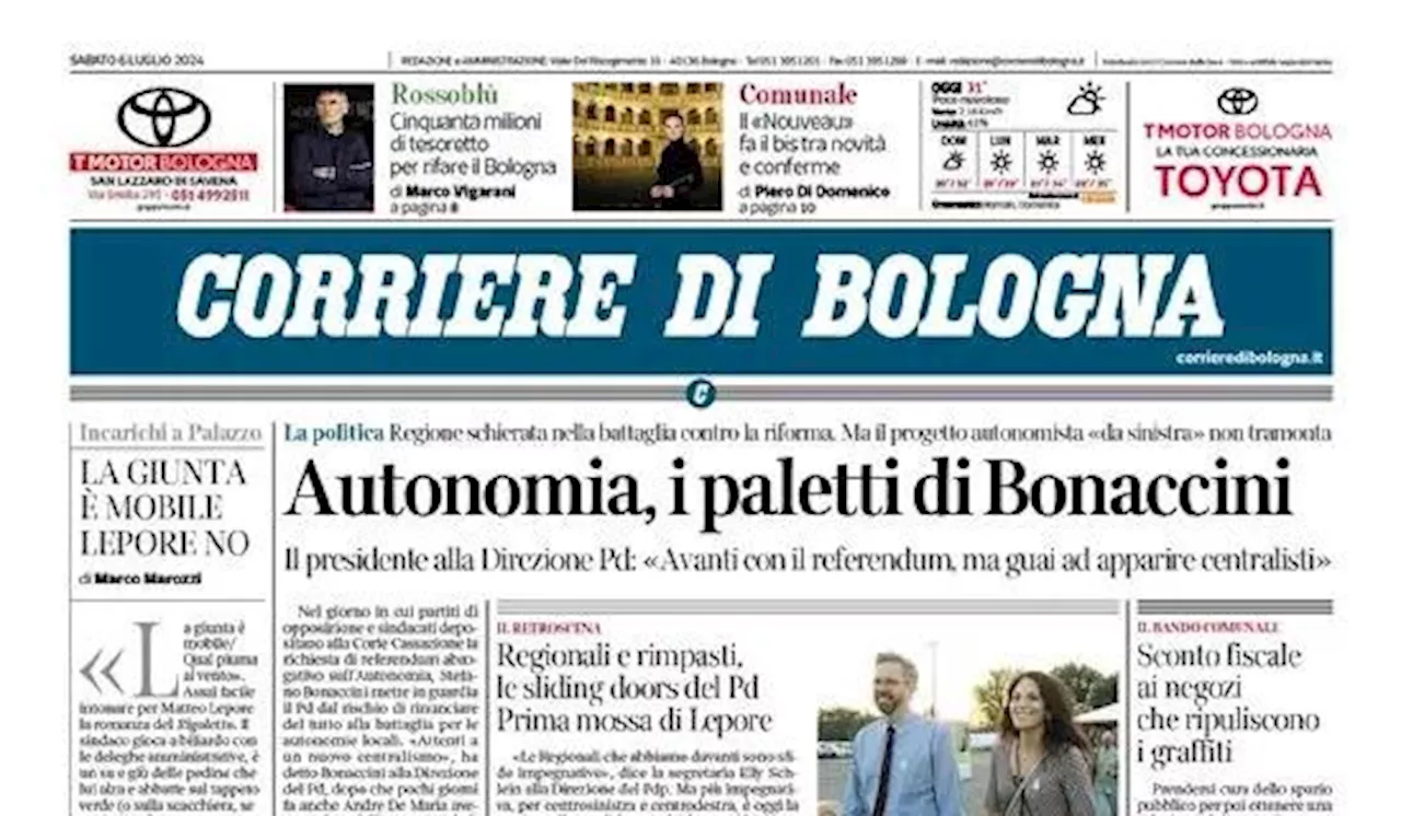 La prima pagine del Corriere di Bologna: 'Cinquanta milioni di tesoretto per rifare il Bologna'