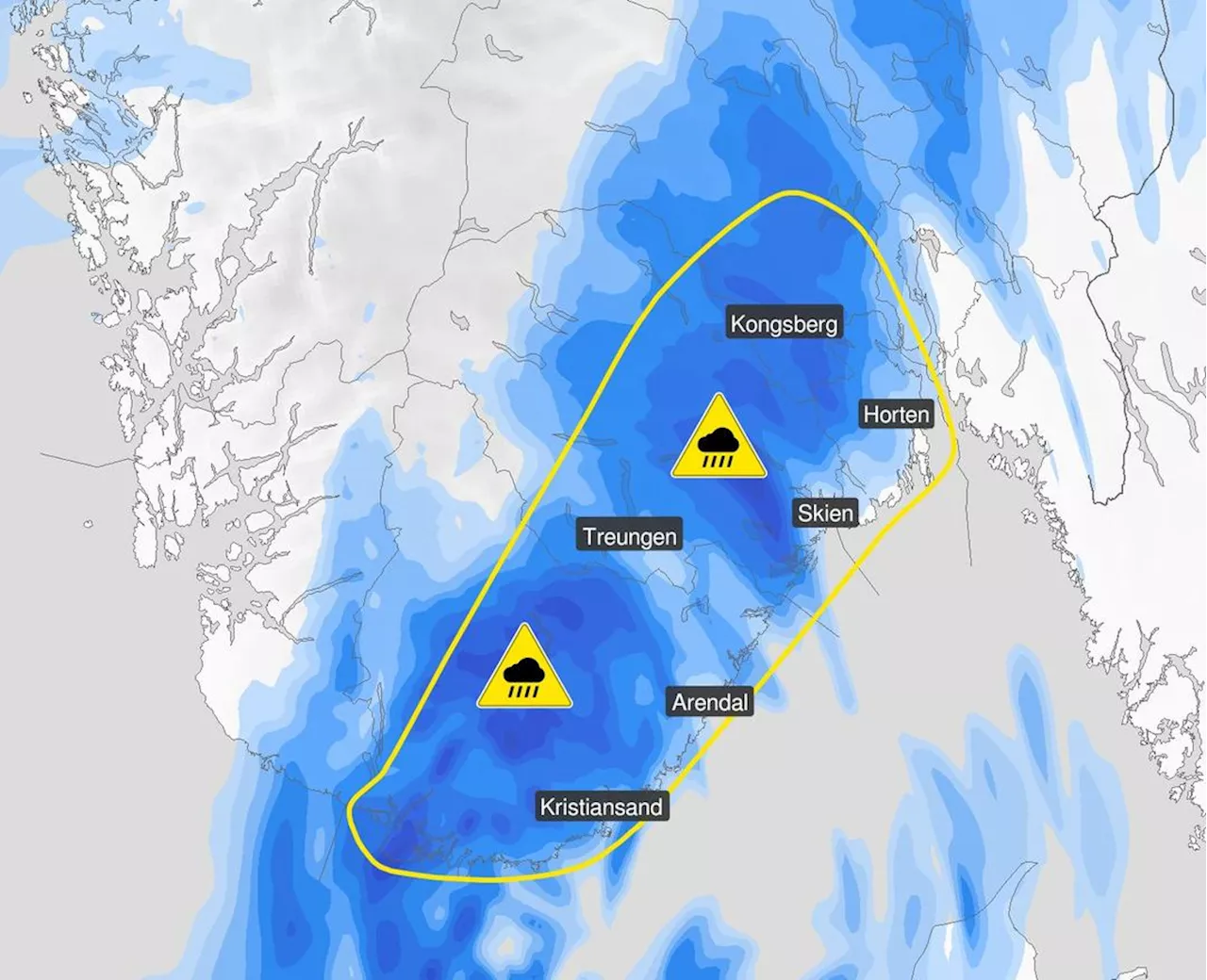 Farevarsel om styrtregn i deler av Sør-Norge