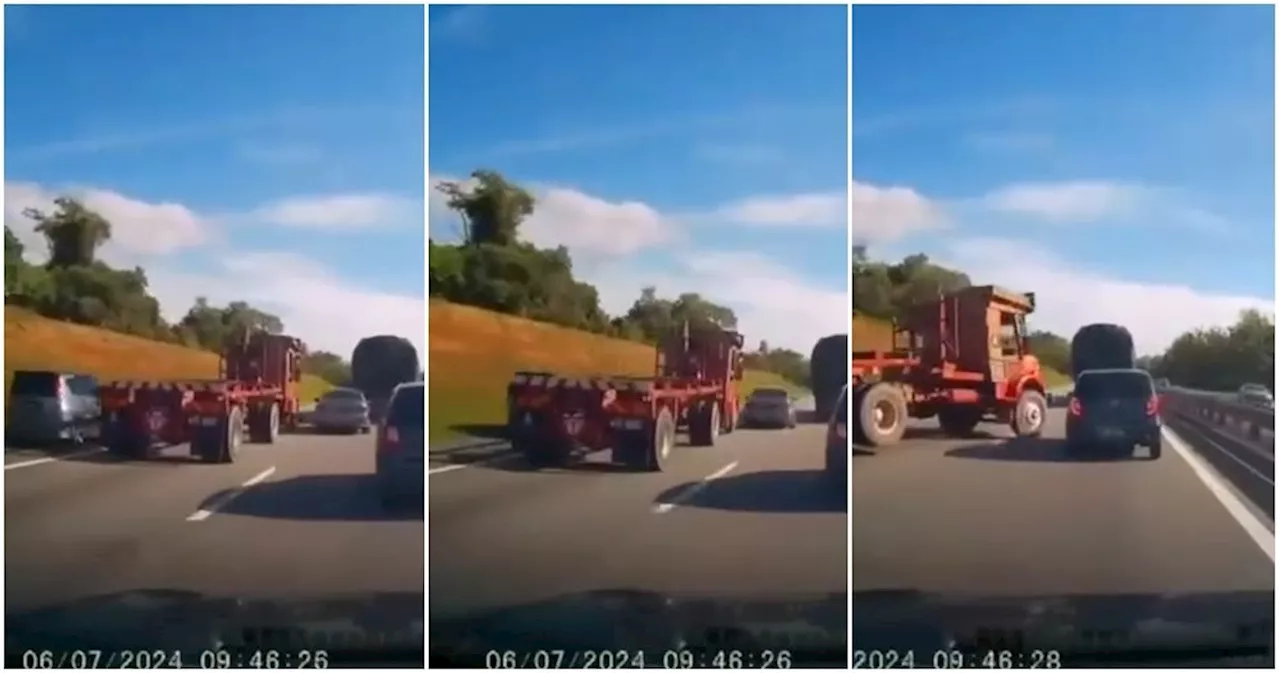 Trailer Truck Loses Control & Crashes into an Axia After 2 Cars Try to Dangerously Overtake it in Kedah