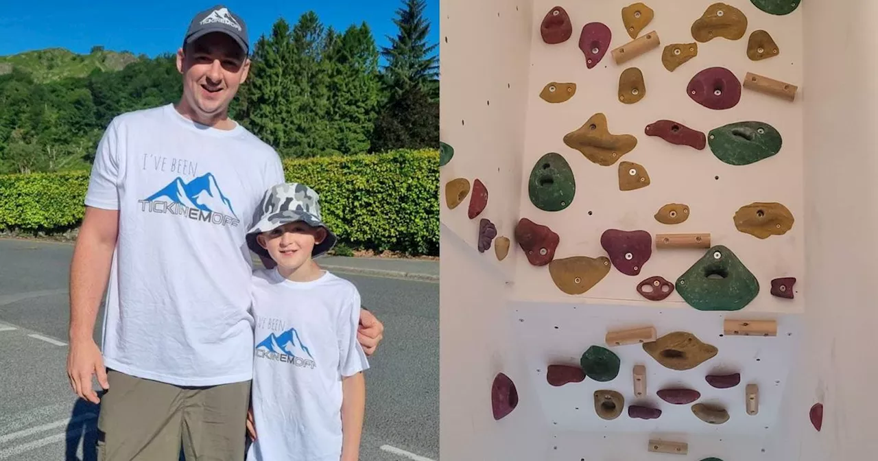 Dad transforms stairs into climbing wall for son who loves rock climbing