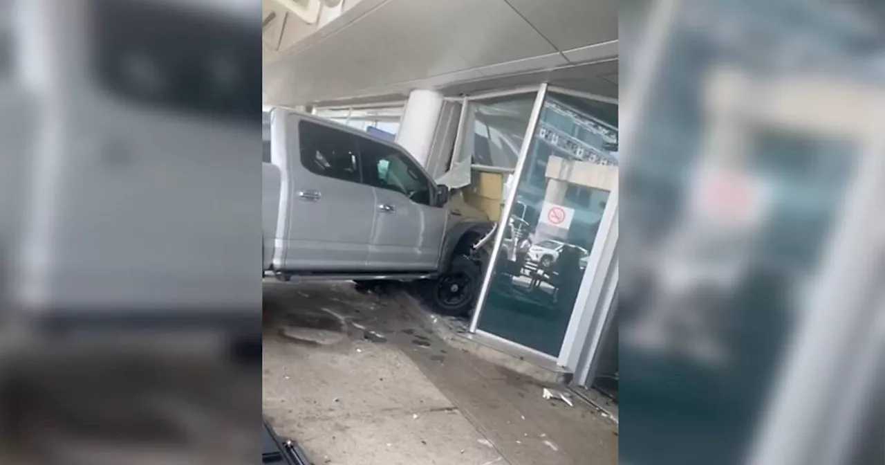 Chaotic scene after truck jumps curb and slams into Toronto Pearson Airport