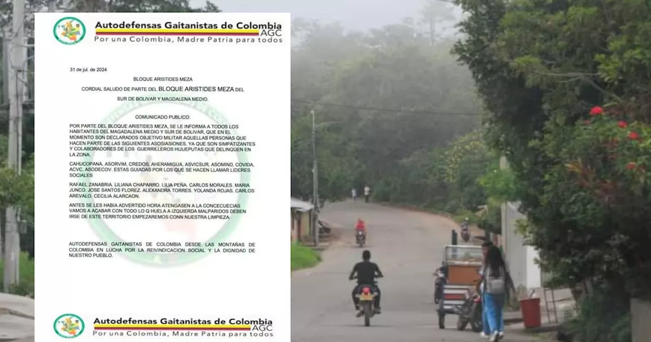 Presunto panfleto del Clan del Golfo amenaza a líderes sociales del sur de Bolívar