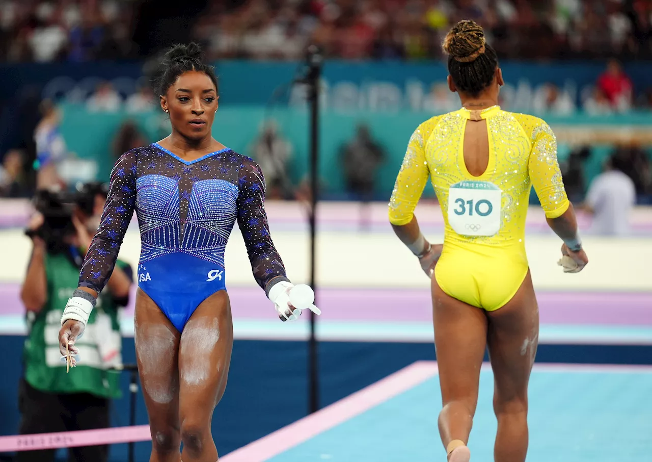 Simone Biles, Rebeca Andrade share powerful sideline moment after close battle for women's gymnastics gold