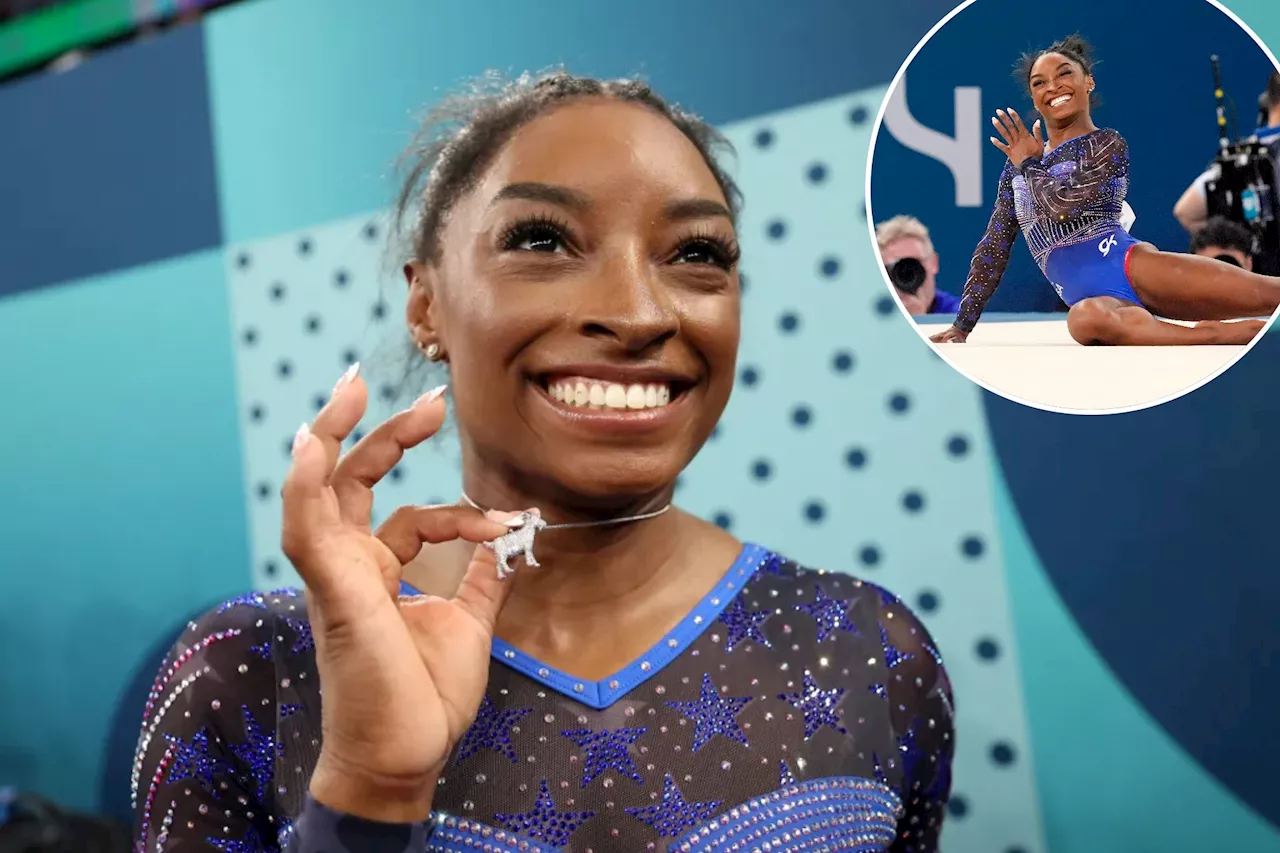 Simone Biles flashes goat necklace after winning 2024 Olympics gold medal