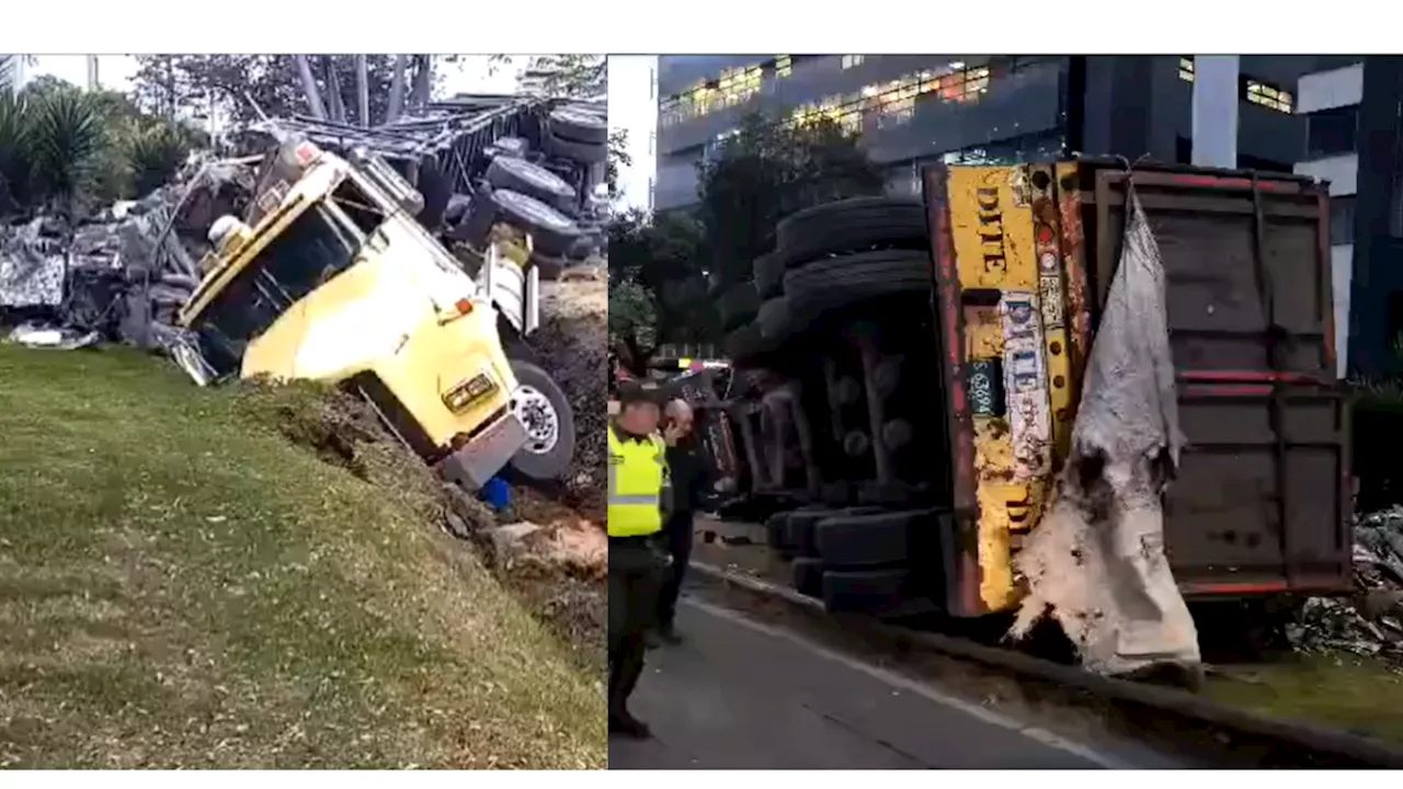 En video| Tractocamión se volcó sobre la Autopista Norte de Bogotá: hay cierre de la calzada