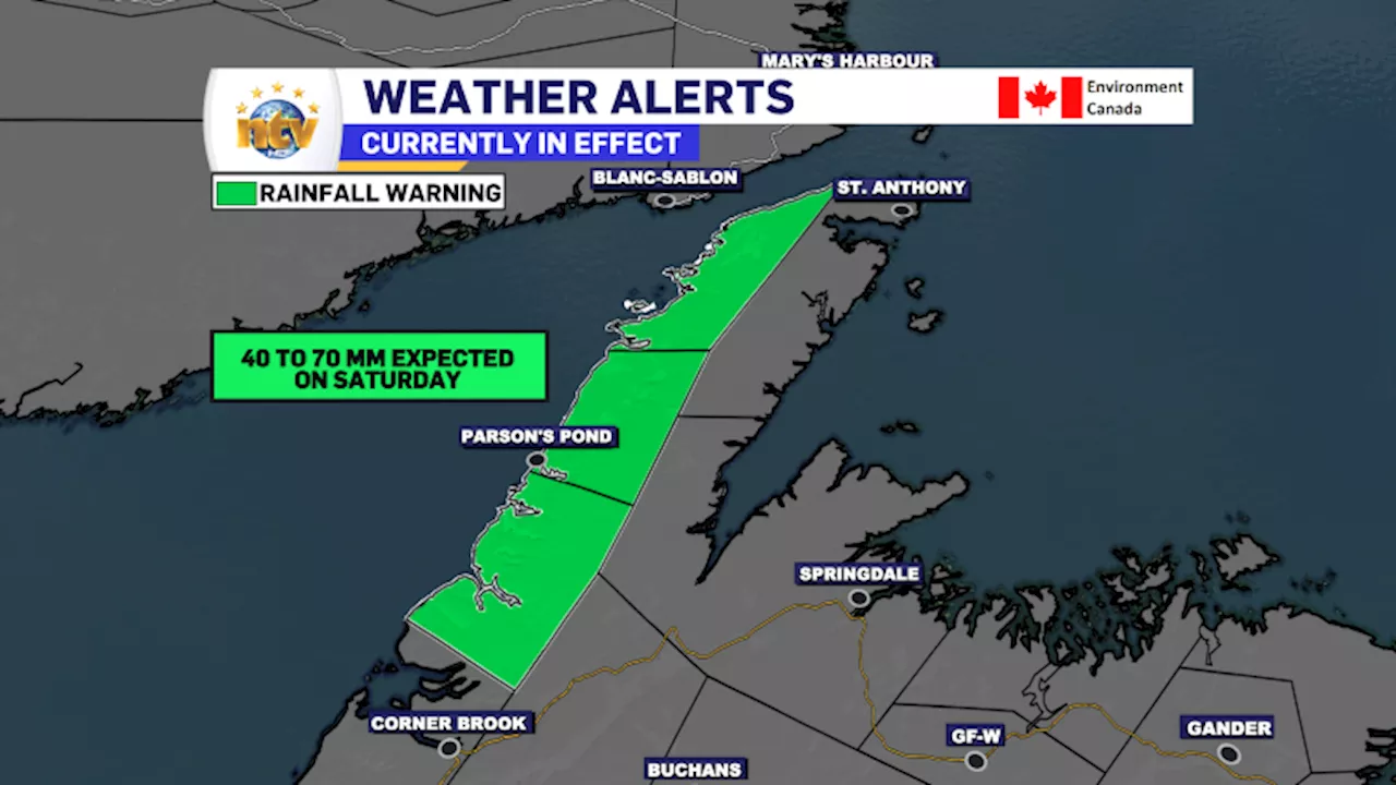 Rainfall Warning in effect today for parts of western Newfoundland and the Northern Peninsula