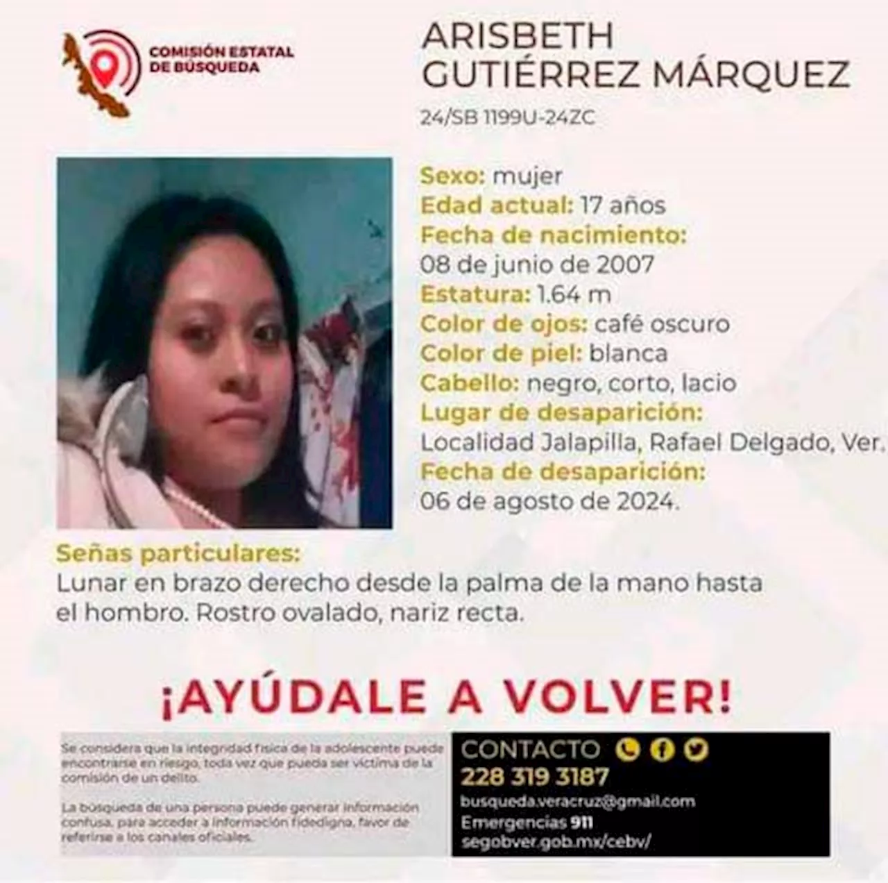 Piden apoyo para localizar a Arisbeth, desaparecida en Rafael Delgado