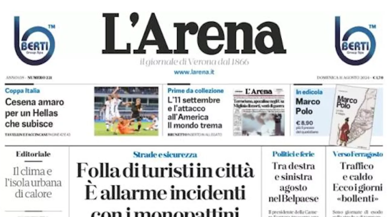 L'Arena in taglio alto di prima pagina: 'Cesena amaro per un Hellas che subisce'