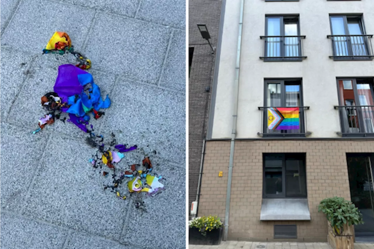 Onbekenden rukken regenboogvlag van balustrade en steken die in brand in Antwerpse studentenbuurt