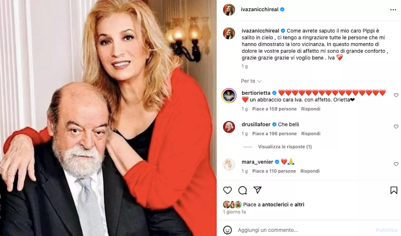 Iva Zanicchi, l'addio social a Fausto Pinna: «Il mio Pippi è salito in cielo»