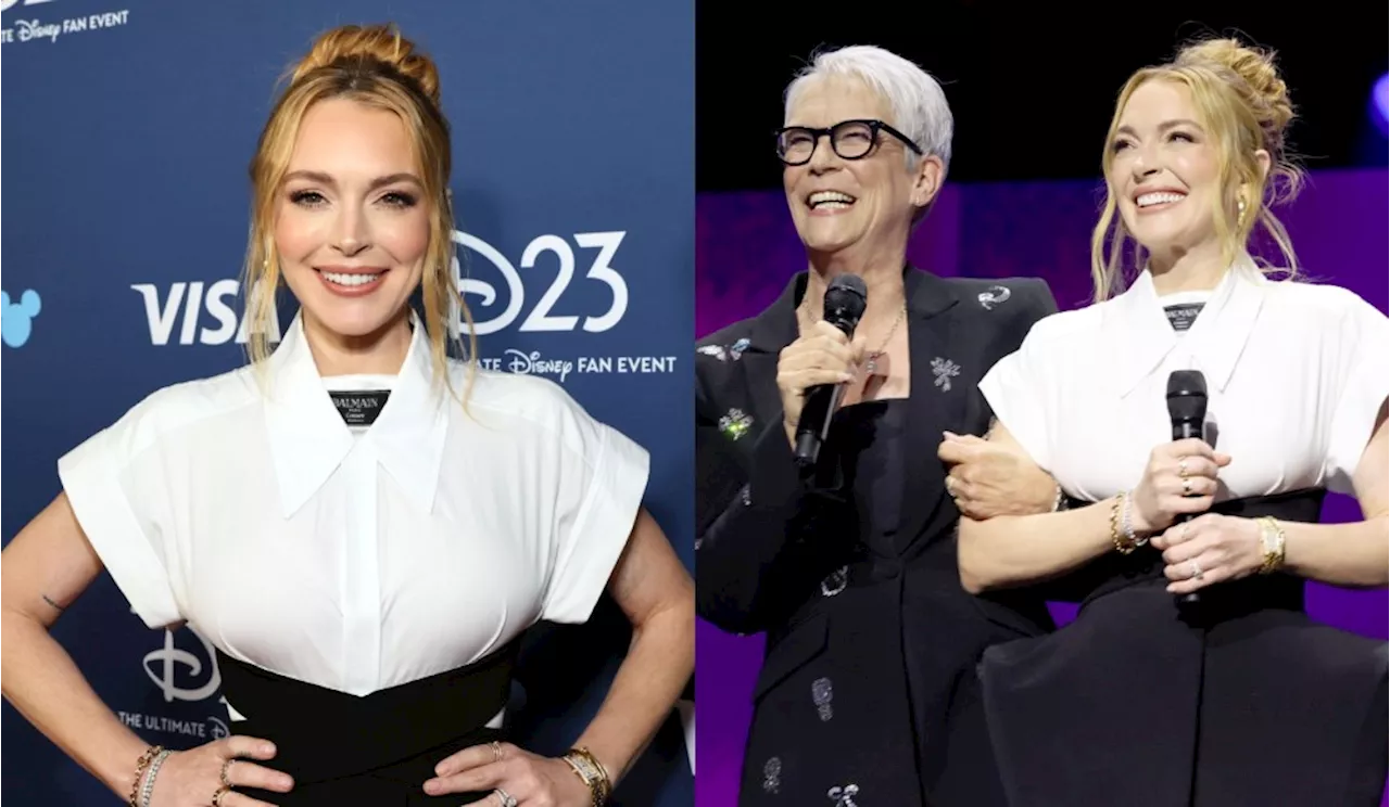 Lindsay Lohan Puts Avant-garde Spin on Workwear in Balmain Minidress at D23 with Jamie Lee Curtis to Promote ‘Freaky Friday’ Sequel