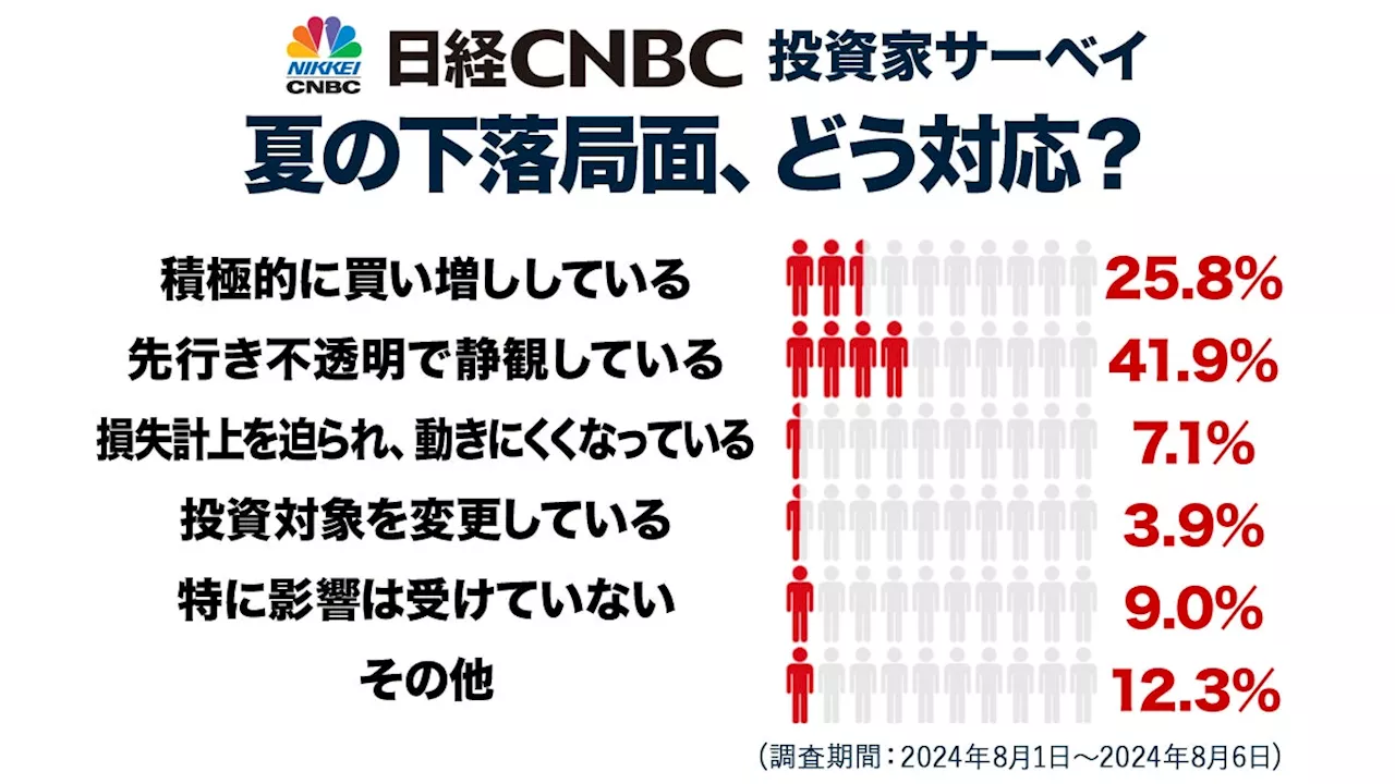 【⽇経CNBC・投資家アンケート】史上空前の下落局面にどう対応？「先行き不透明で静観」が41.9％と最多、「積極的に買い増し」は25.8％