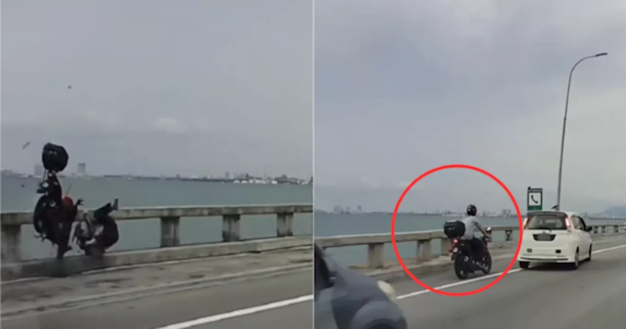 Tak Sempat Elak Kereta, Rider Motor Hampir Tercampak Ke Laut Maut Di Jambatan Pulau Pinang